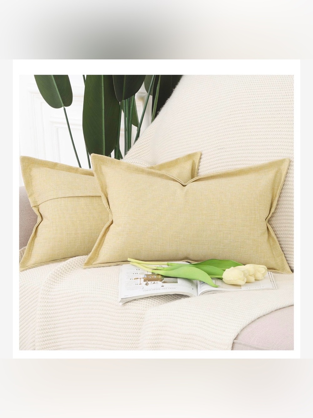 Rustic Lumbar Pillow Shams Flange Edge Rectangular  12x20 (2-Pack) Light Yellow